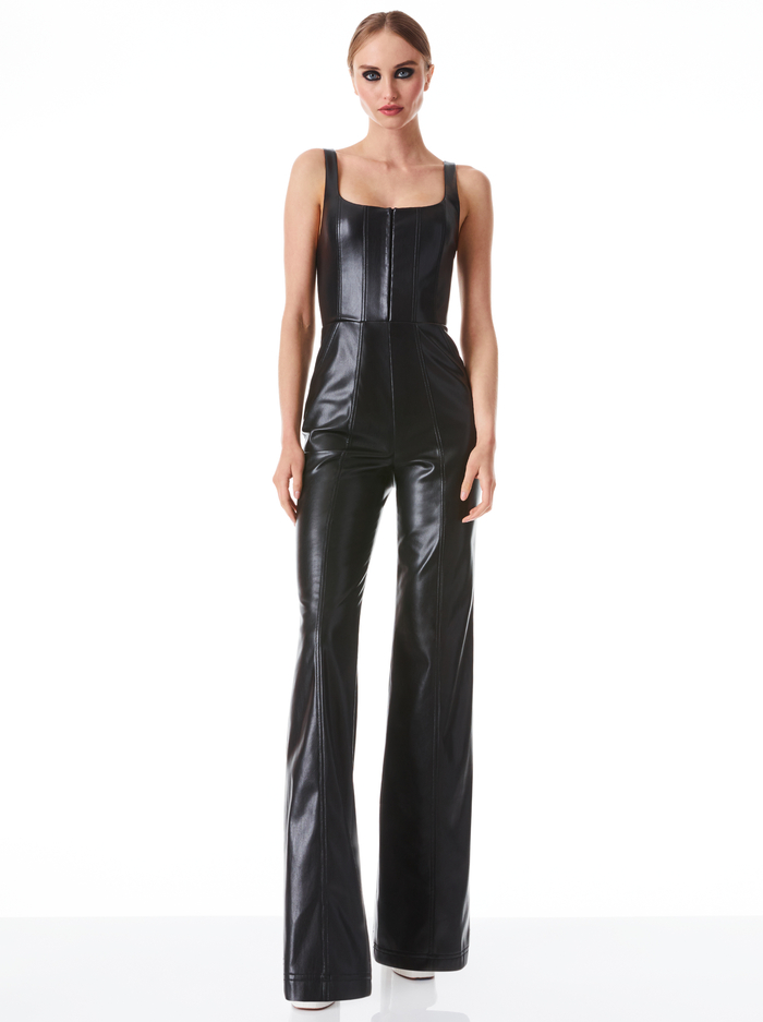 CHELS VEGAN LEATHER CORSET SLEEVELESS JUMPSUIT - BLACK - Alice And Olivia