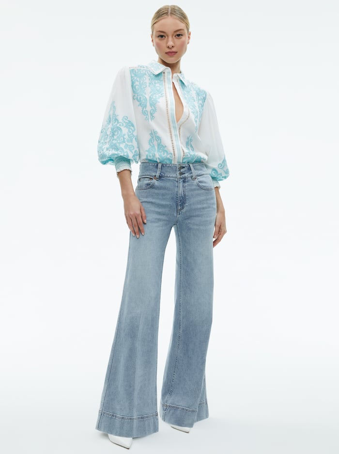 LORYN EMBROIDERED BUTTON DOWN BLOUSE - OFF WHITE/SPRING SKY image 1 - Alice And Olivia