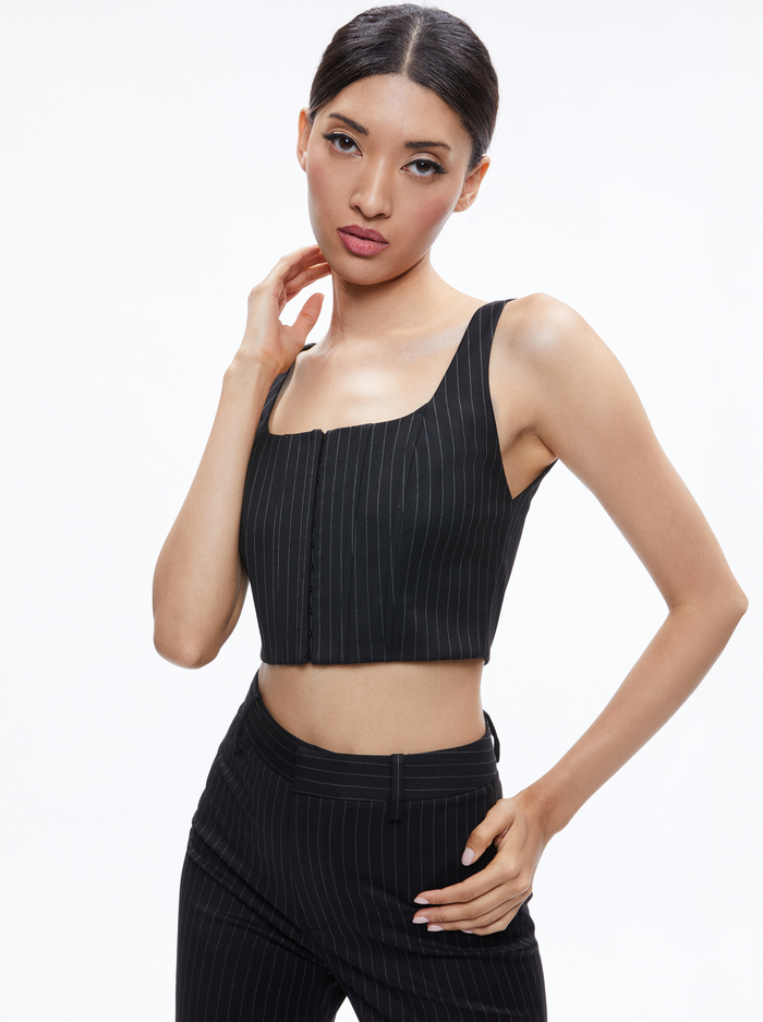 BRESLIN CORSET DENIM TOP - BLACK PINSTRIPE - Alice And Olivia