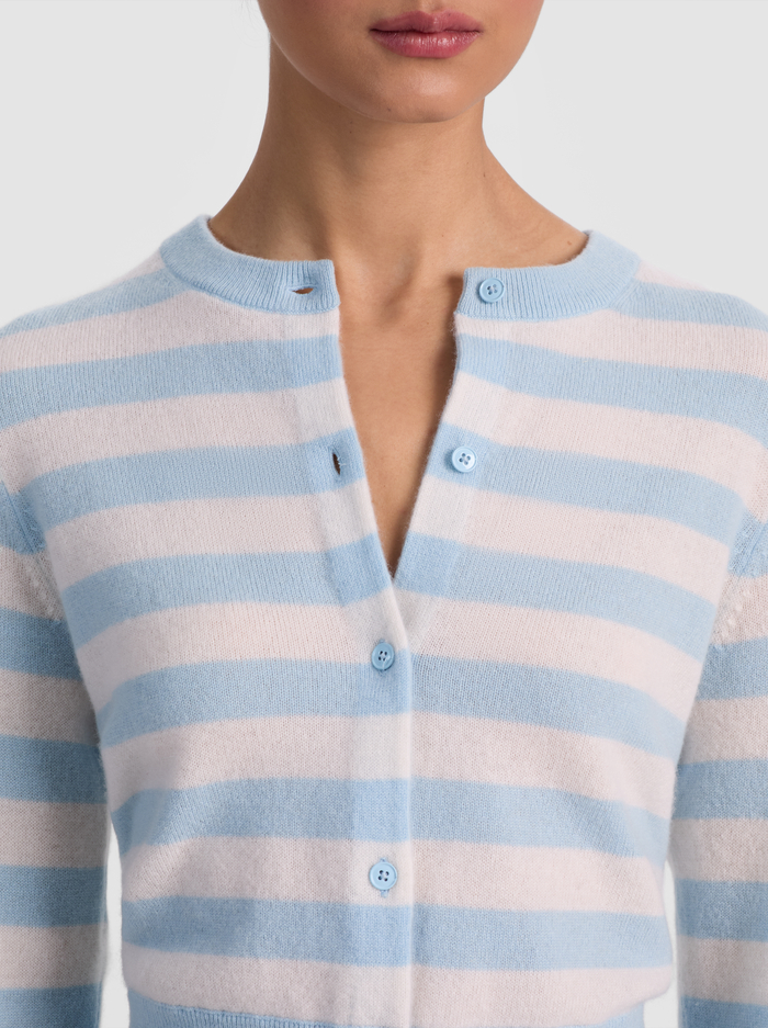 DOLLIE STRIPED CASHMERE CARDIGAN - CAROLINA BLUE/ECRU image 4 - ALICE + OLIVIA