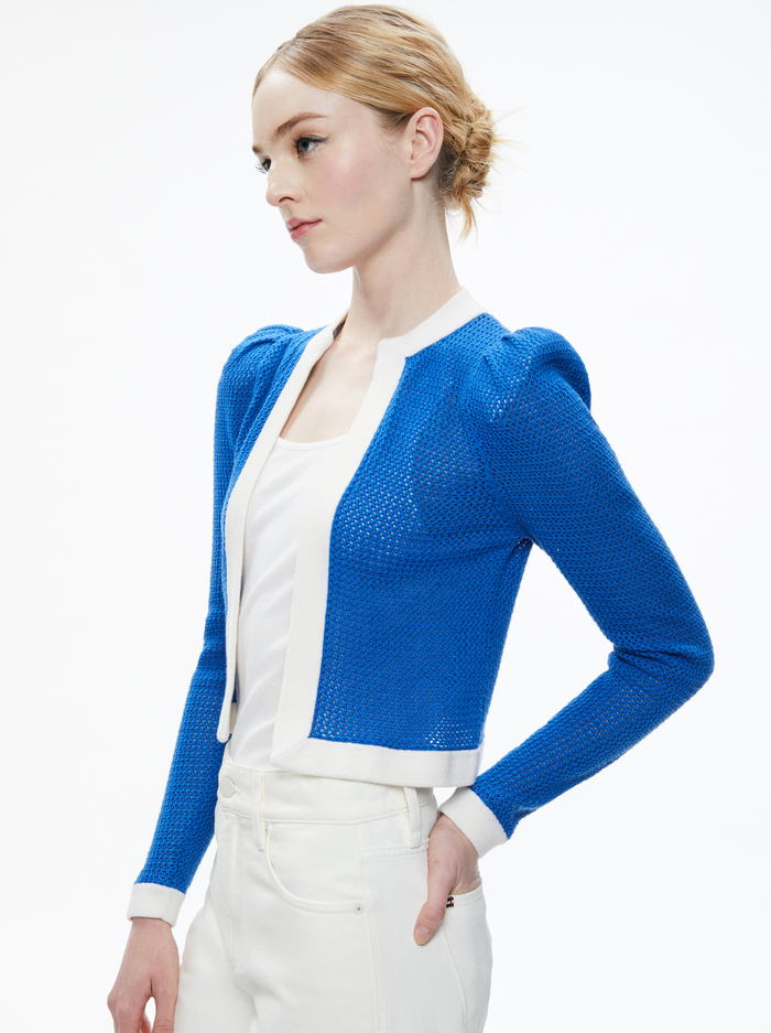 TRINA STRUCTURED SHOULDER CROPPED CARDIGAN - SAPPHIRE/SOFT WHITE - Alice And Olivia