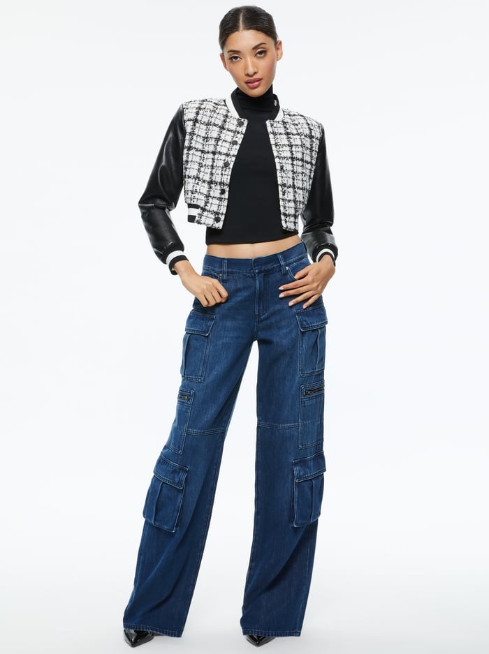 CAMELIA CROPPED COMBINATION VARSITY JACKET - OFF WHITE/BLACK image 2 - Alice And Olivia