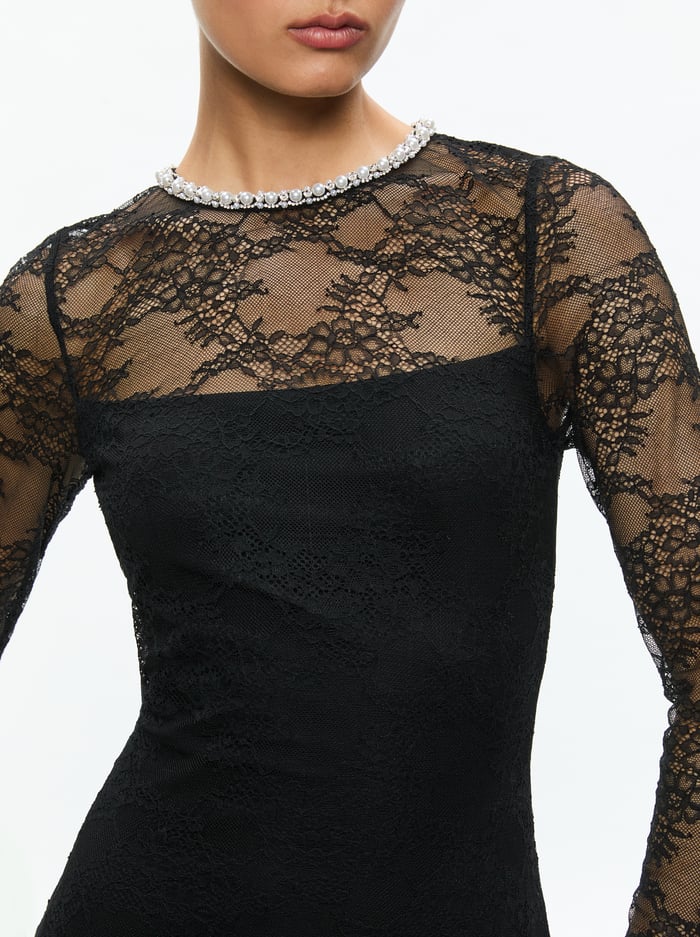DELORA EMBELLISHED NECK LONG SLEEVE LACE MINI DRESS - BLACK image 1 - Alice And Olivia