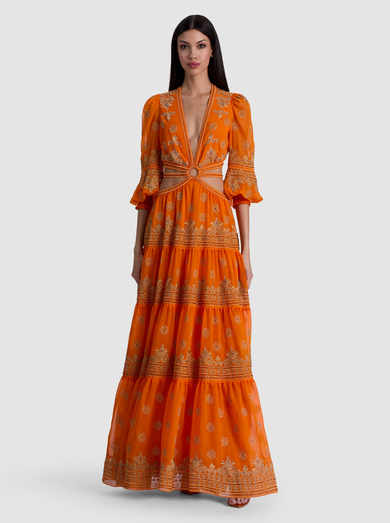 ORANGE PEEL-PATRICA EMBELLISHED RUFFLE MAXI DRESS