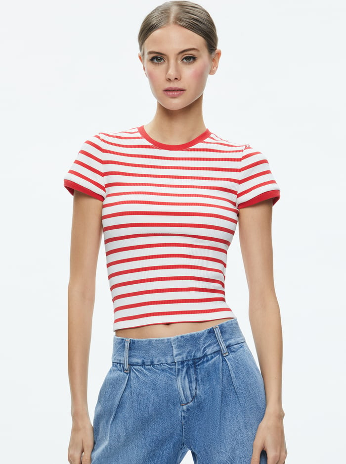 TESS BABY TEE - OFF WHITE/BRIGHT RUBY STRIPE - Alice And Olivia