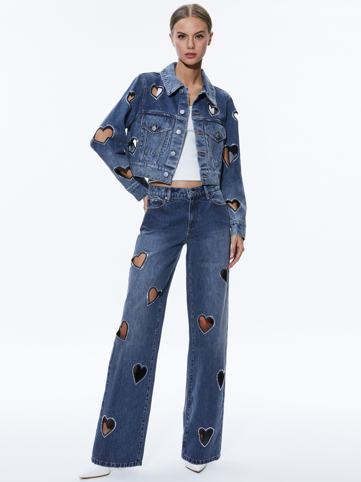 JEFF HEART EMBELLISHED CROPPED DENIM JACKET + KARRIE EMBELLISHED HEART JEAN - 