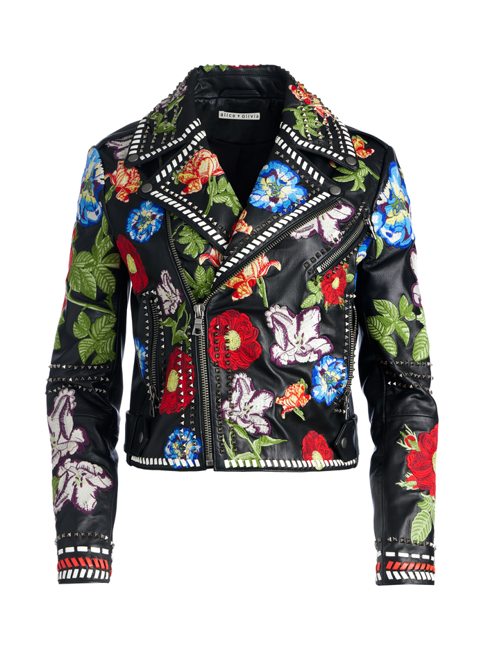 CODY EMBROIDERED LEATHER MOTO JACKET - ATRIUM FLORAL LG image 5 - Alice And Olivia