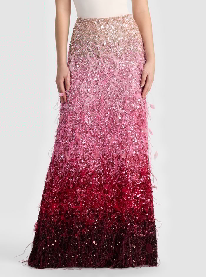 ASHTON EMBELLISHED FEATHER SKIRT - ASCENDENT OMBRE DEEP PINK - ALICE + OLIVIA