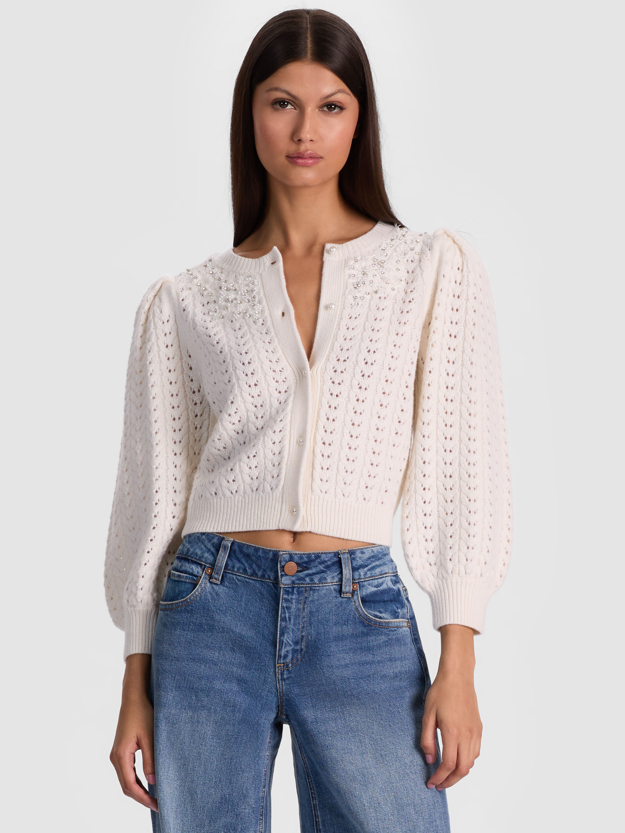 Noella Embellished Collared Cardigan In Soft White | Alice + Olivia