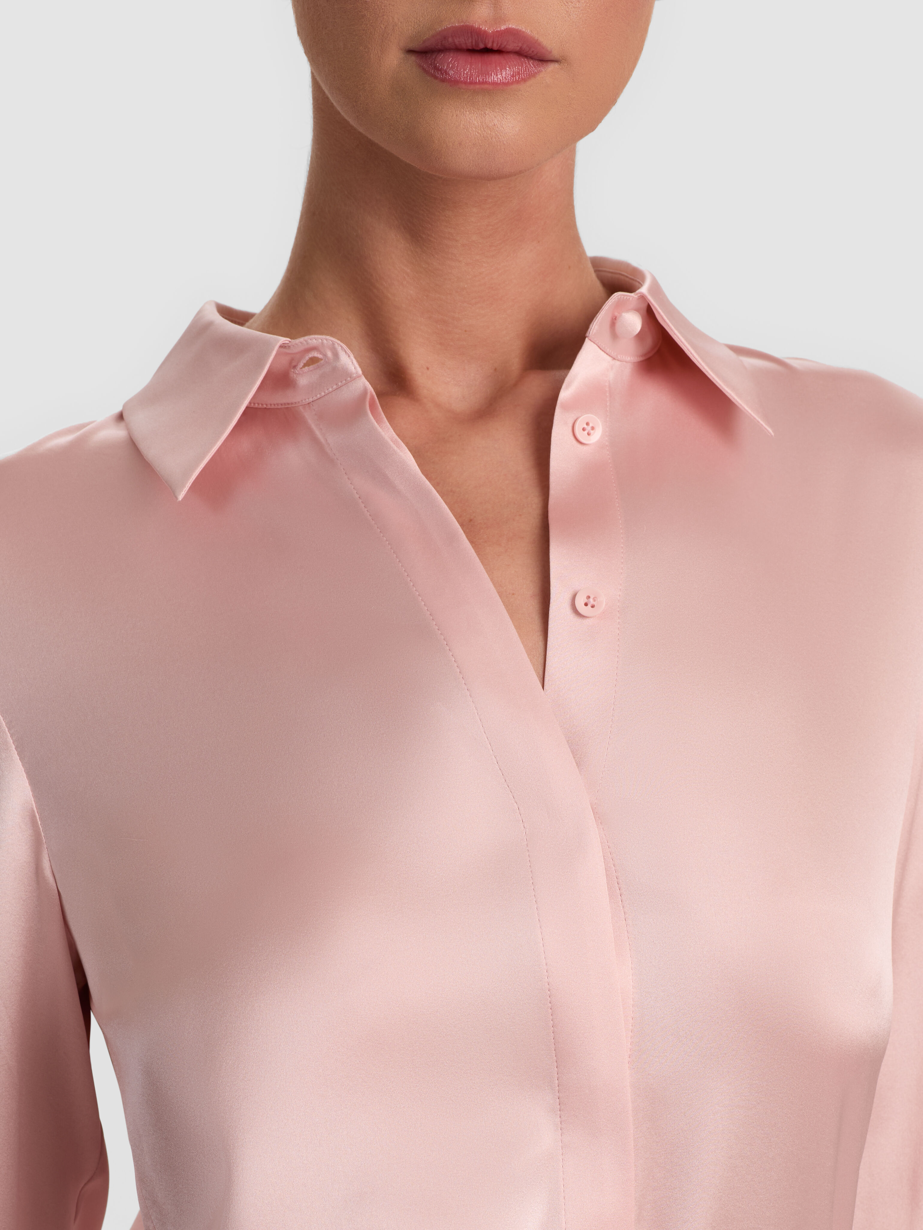 ALICE + OLIVIA Brady Silk Blouse in Pink — slim-fit stretch silk charmeuse button-down with hidden placket