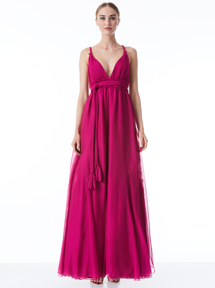 CARISA DEEP V-NECK GOWN WITH BRAIDED BELT - RASPBERRY - Alice And Olivia