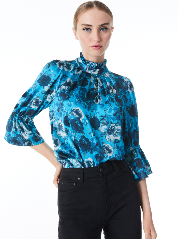 LAUNA BLOUSON SLEEVE BLOUSE - OCEANSIDE FLORAL TURKISH BLUE - Alice And Olivia