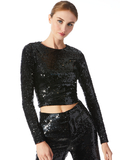 DELAINA EMBELLISHED LONG SLEEVE CREW NECK TOP - BLACK
