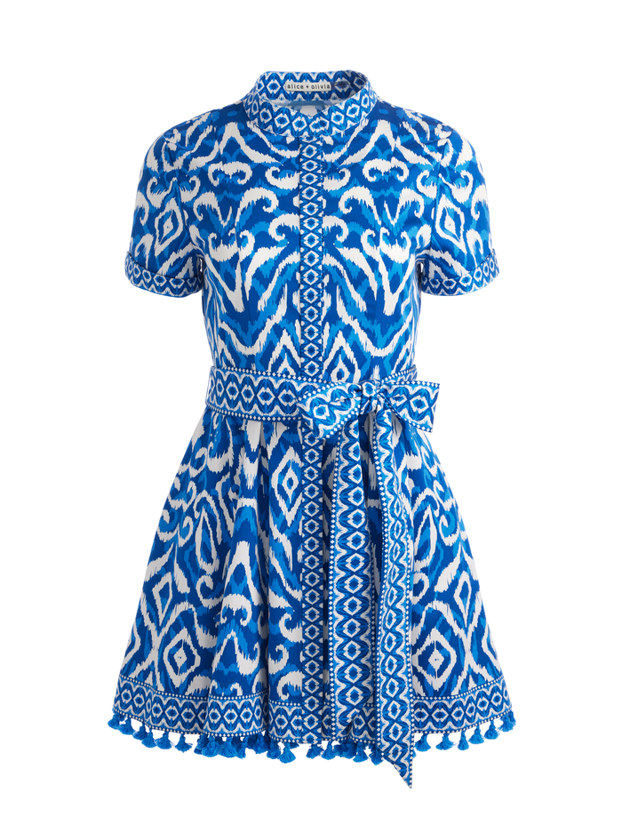 LUCY ROLLED SLEEVE MINI SHIRT DRESS - ARTISAN IKAT FRENCH BLUE image 5 - Alice And Olivia