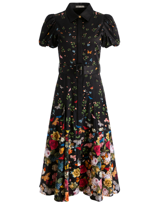 SOLAR STRENGTH BLACK-HENRIETTA BELTED MIDI DRESS