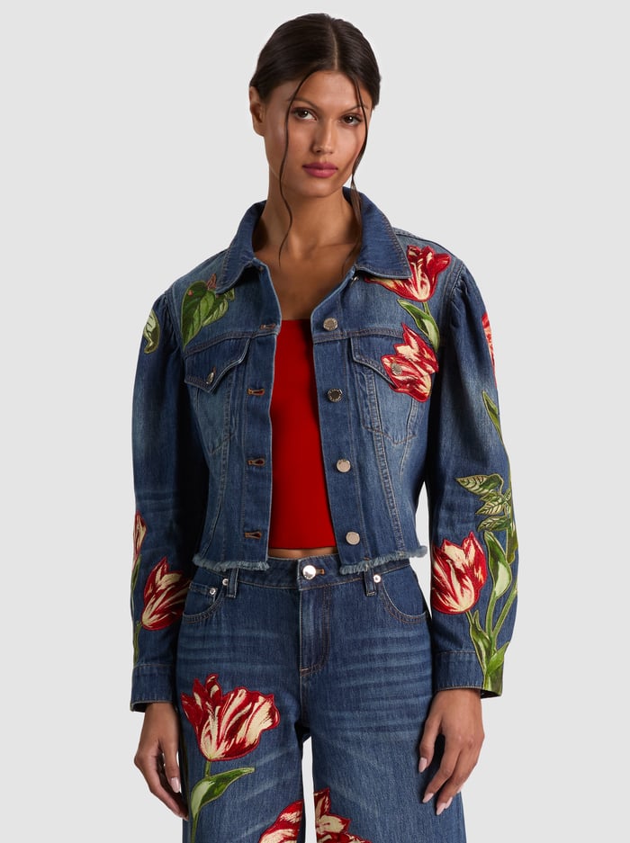 ELIJAH EMBROIDERED DENIM JACKET - FREYJA BLUE/SOFT TULIP - ALICE + OLIVIA