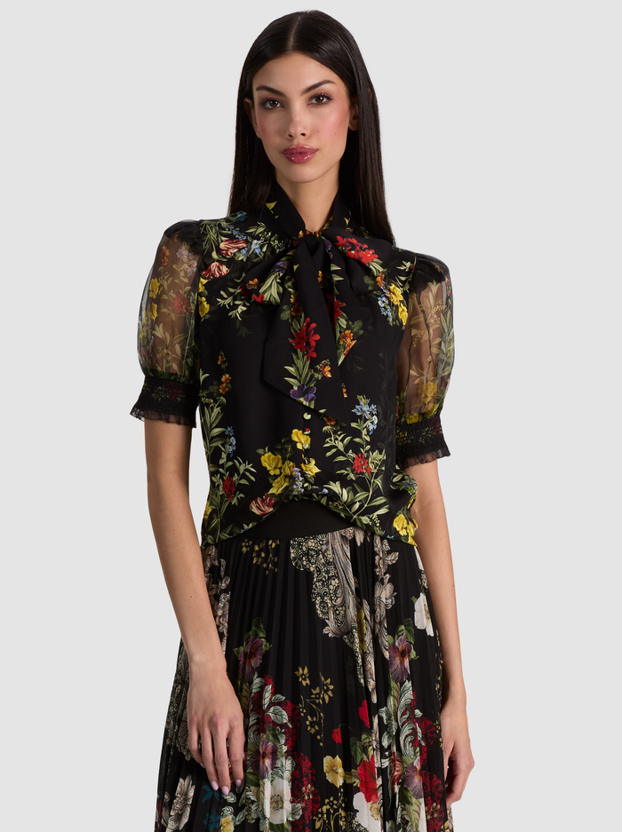 BRENTLEY PUFF SLEEVE BLOUSE - DESERT SPRIGS BLACK - ALICE + OLIVIA