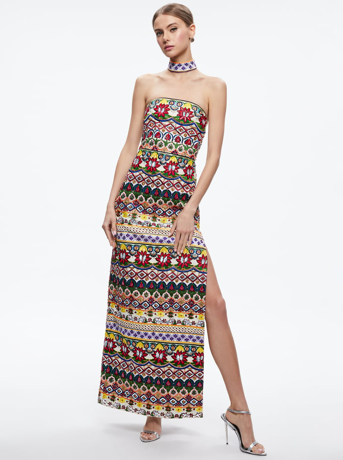 GEORGIE CHOKER STRAPLESS GOWN - CHAMPAGNE/MULTI - Alice And Olivia
