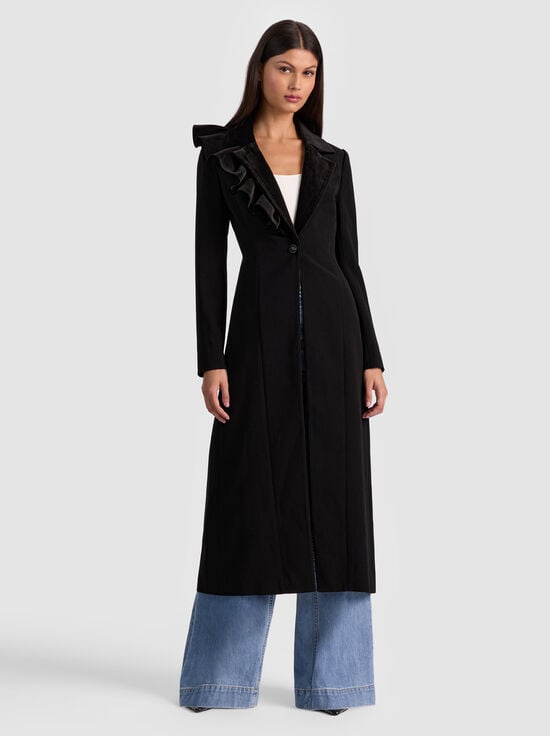 BLACK-FAIE SLIM RUFFLE MAXI BLAZER