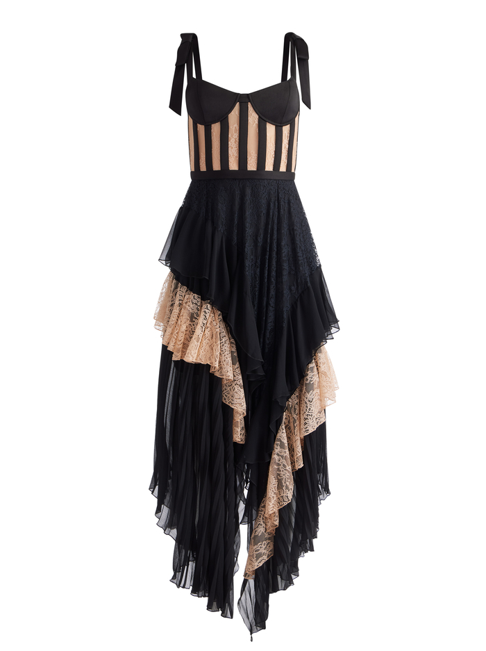 ZAYA BUSTIER RUFFLE MAXI DRESS - BLACK/ALMOND image 5 - Alice And Olivia