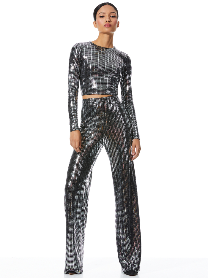 DELAINA EMBELLISHED LONG SLEEVE CREW NECK TOP - SILVER/BLACK image 4 - Alice And Olivia