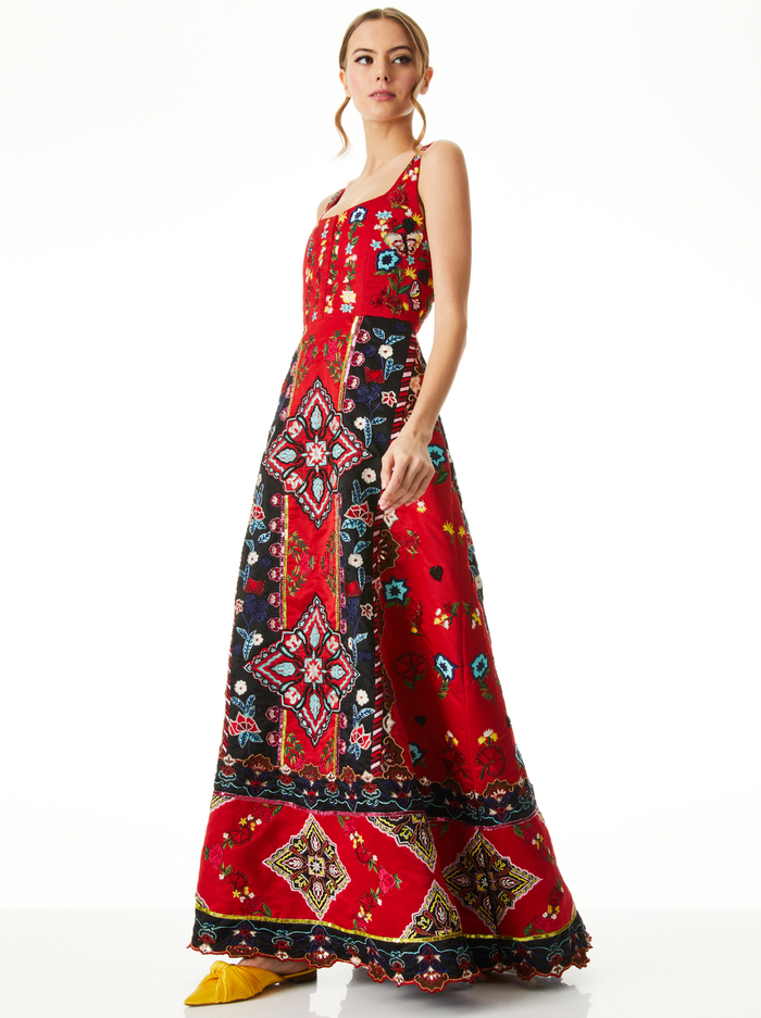 PAM EMBELLISHED CORSET GOWN - BRIGHT POPPY/ MULTI image 2 - Alice And Olivia