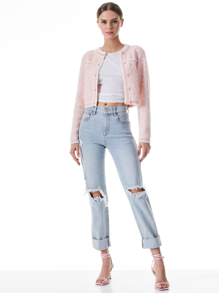 NOELLA CREW NECK CROPPED CARDIGAN - ENGLISH ROSE/SOFT WHITE image 2 - Alice And Olivia
