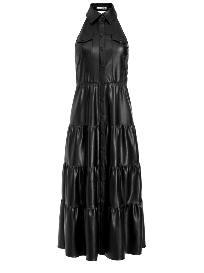 MIRANDA VEGAN HALTER NECK TIERED MIDI DRESS - BLACK image 5 - Alice And Olivia