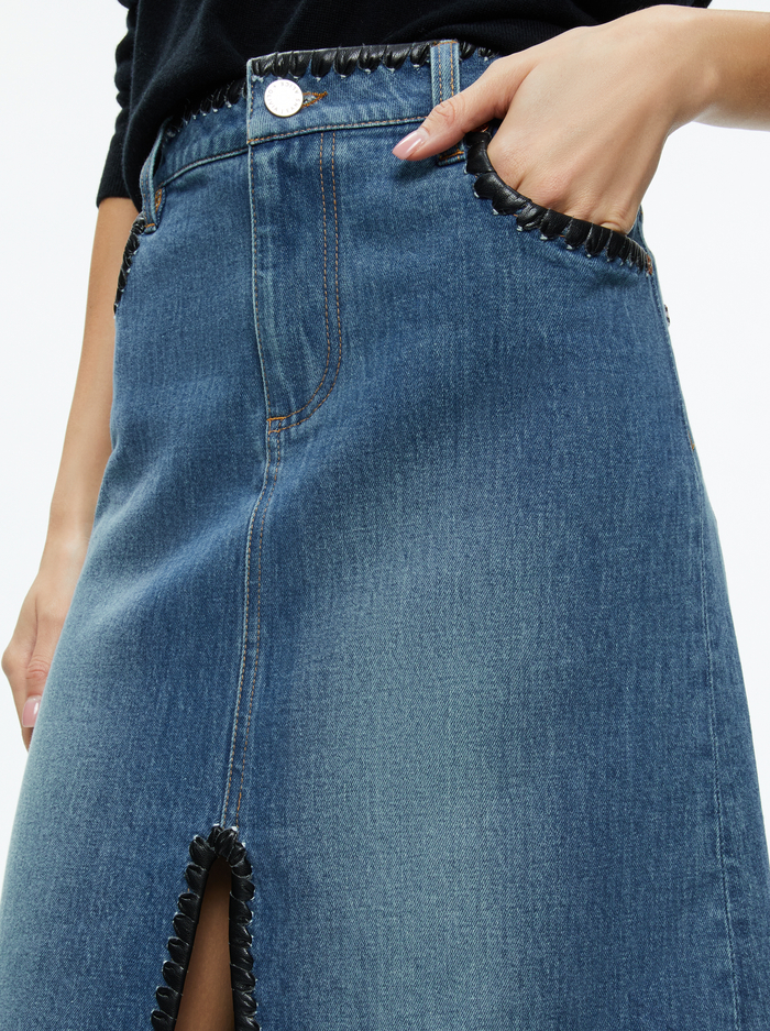 RYE DENIM MAXI SKIRT WITH VEGAN LEATHER - LOLA BLUE/BLACK image 3 - Alice And Olivia