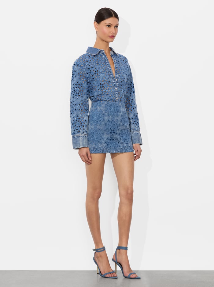 RUBI DENIM MICRO SKIRT - AVERY BLUE image 4 - Alice And Olivia