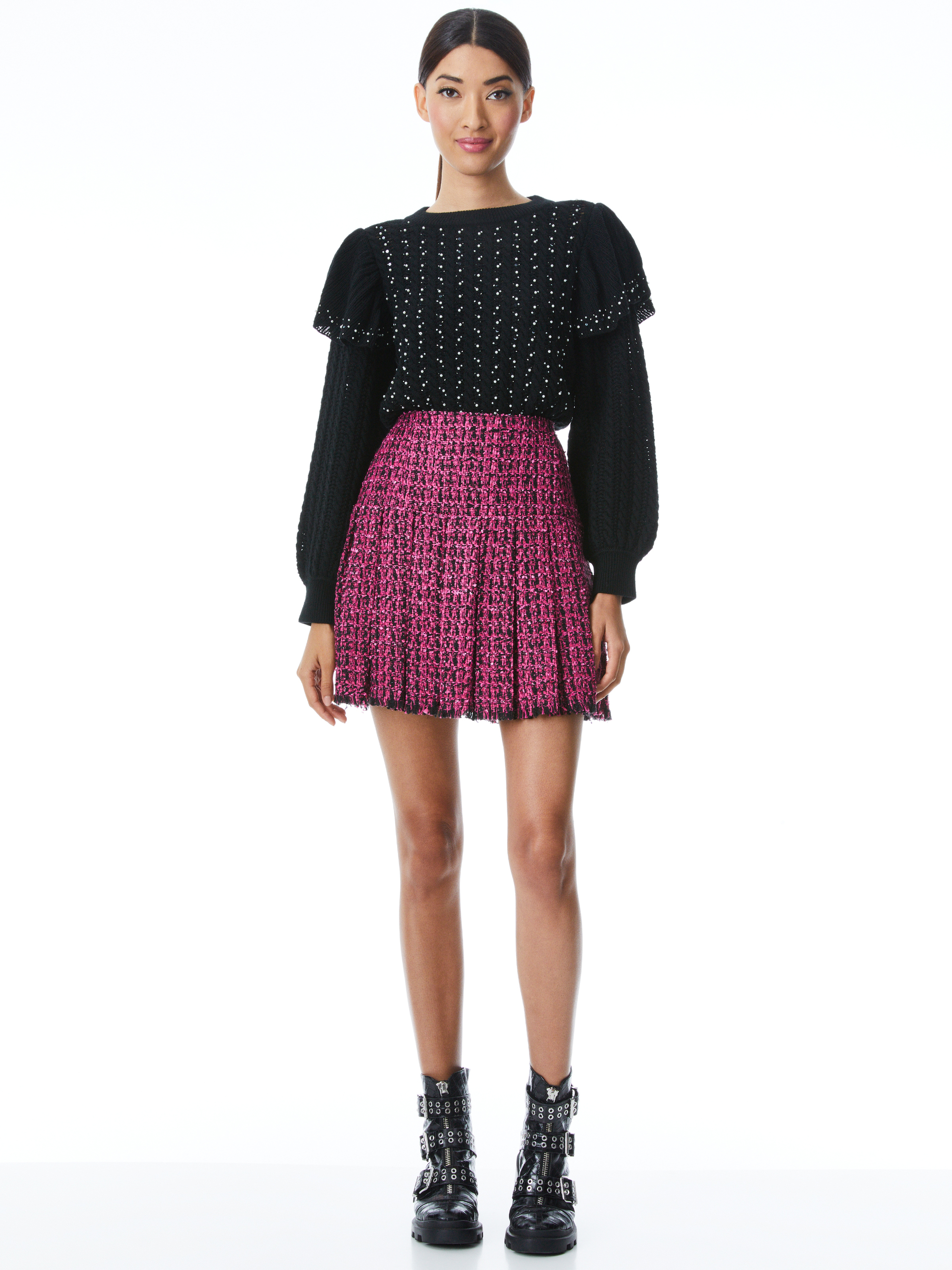 Emilie Pleated Tweed Mini Skirt In Black/wild Pink | Alice + Olivia