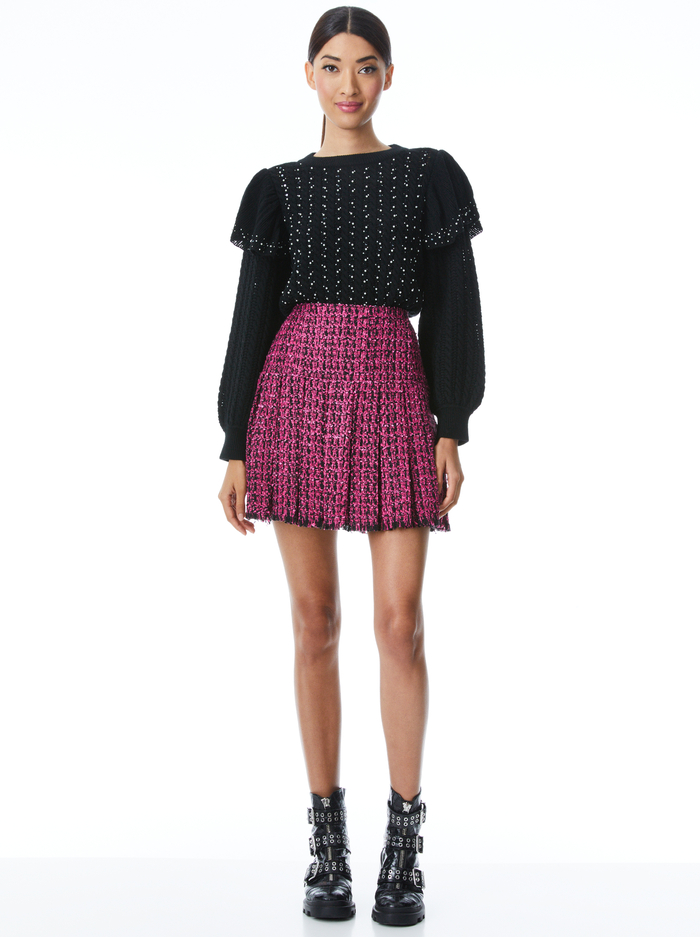 EMILIE PLEATED TWEED MINI SKIRT - BLACK/WILD PINK image 2 - Alice And Olivia