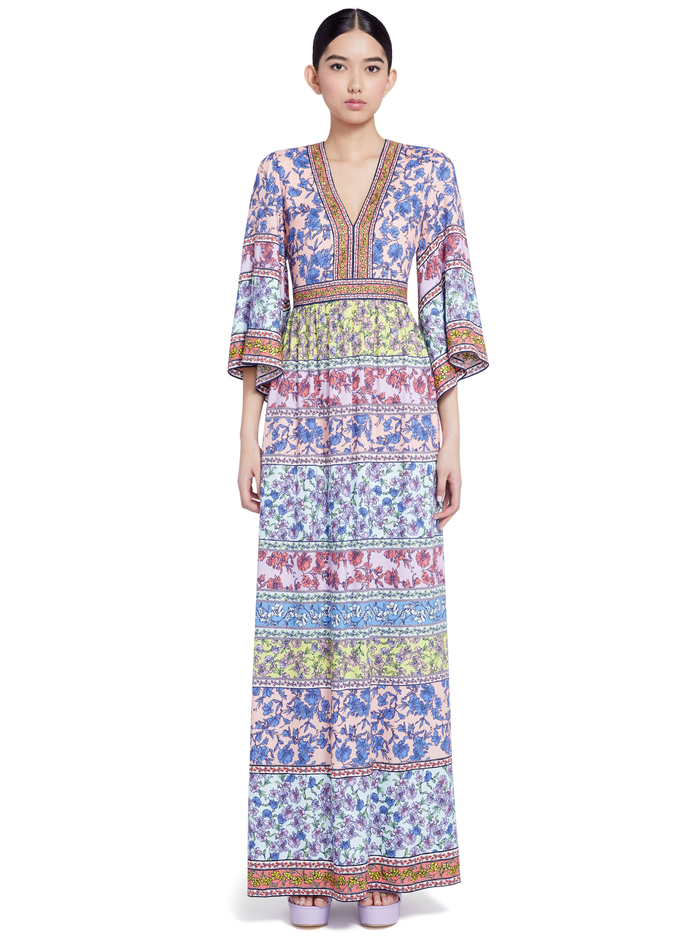 Lena Embroidered Kimono Dress In Ditsy Border Multi Alice And Olivia