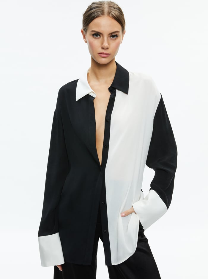 FINELY OVERSIZED BUTTON DOWN SHIRT - BLACK/OFF WHITE - Alice And Olivia