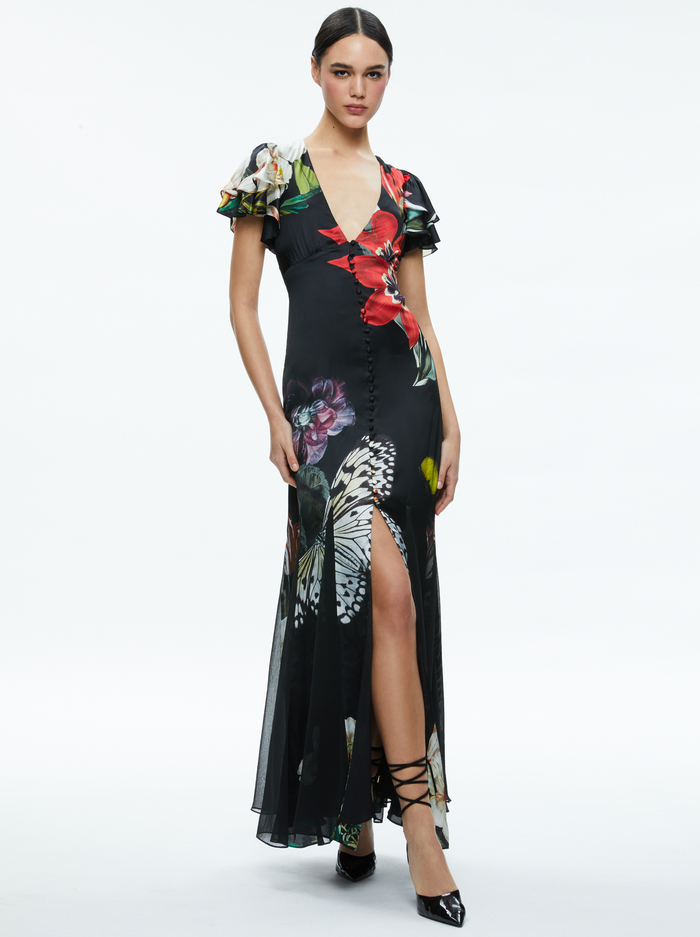 FARA DEEP V-NECK FLUTTER SLEEVE MAXI DRESS - ESSENTIAL FLORAL image 2 - Alice And Olivia