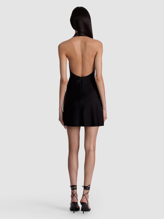 BLACK-VIOLA LACE HALTER MINI DRESS