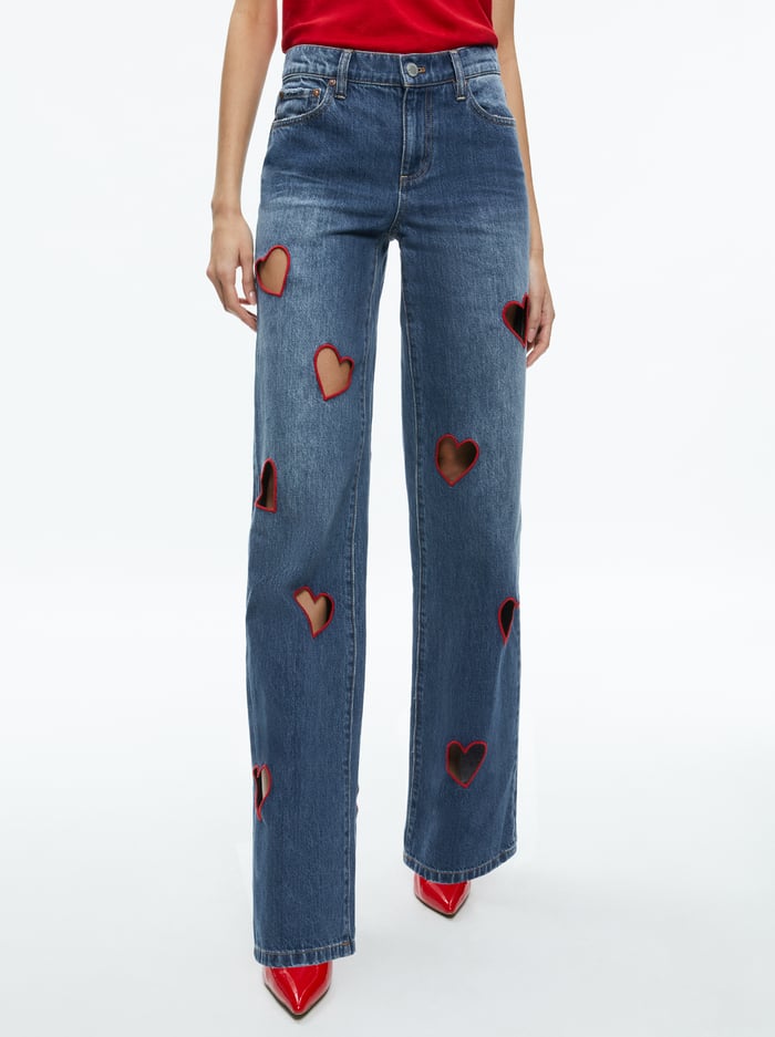 KARRIE EMBROIDERED HEART CUTOUT JEAN - TRUE BLUES DARK - Alice And Olivia