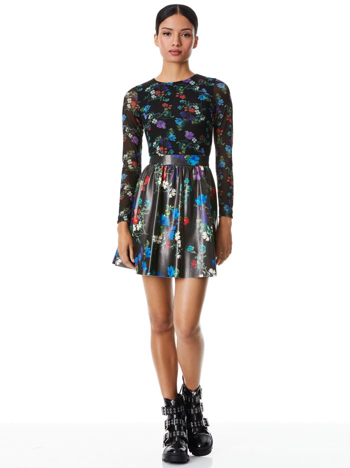 CHARA VEGAN LEATHER CREW NECK DRESS - BEAUTIFUL BLOOMS MD BLACK - Alice And Olivia