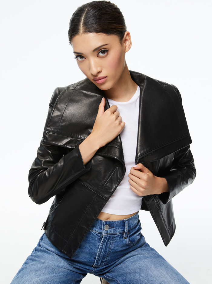 Nita Leather Drape Front Jacket In Black