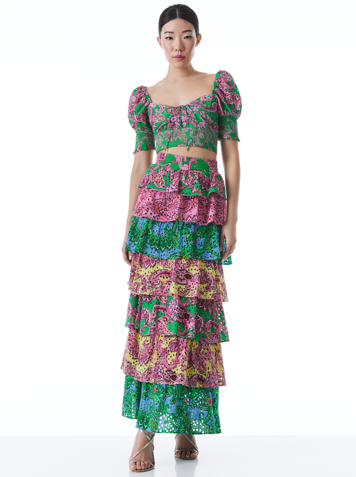 CRAWFORD LACE UP SMOCKED TOP - SPRING PAISLEY GARDEN GREEN image 2 - Alice And Olivia