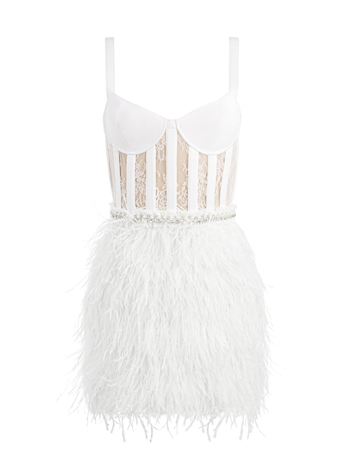 XIA SHEER BUSTIER FEATHERED MINI DRESS - OFF WHITE/ALMOND image 5 - Alice And Olivia