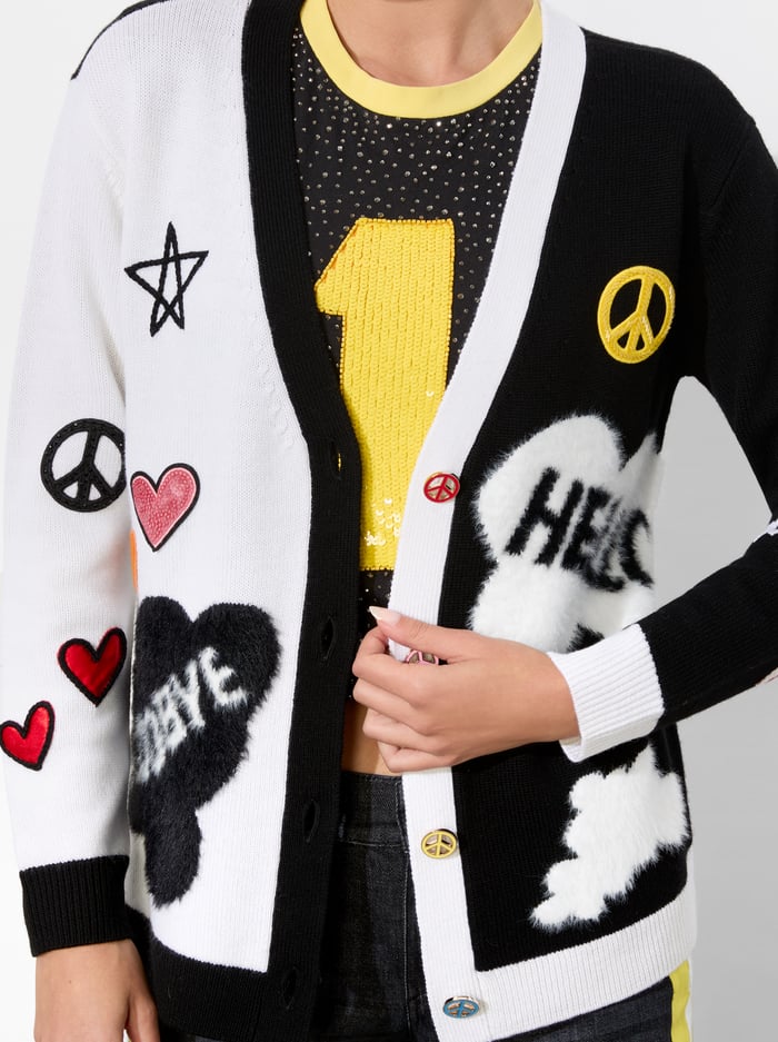A+O X THE BEATLES BRADFORD CARDIGAN - SOFT WHITE/BLACK MULTI image 4 - Alice And Olivia
