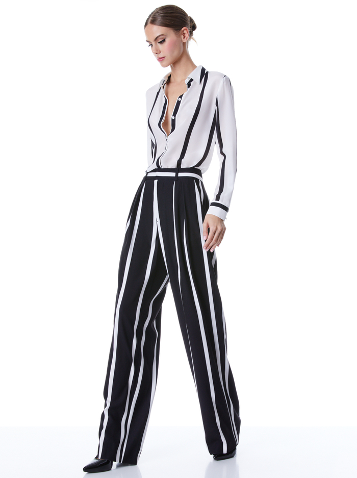 POMPEY HIGH WAISTED PLEATED PANTS - MODERN VERTICAL STRIPE BLK/OWT image 4 - Alice And Olivia