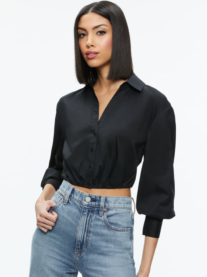 TRUDY CROPPED BUTTON DOWN - BLACK - Alice And Olivia