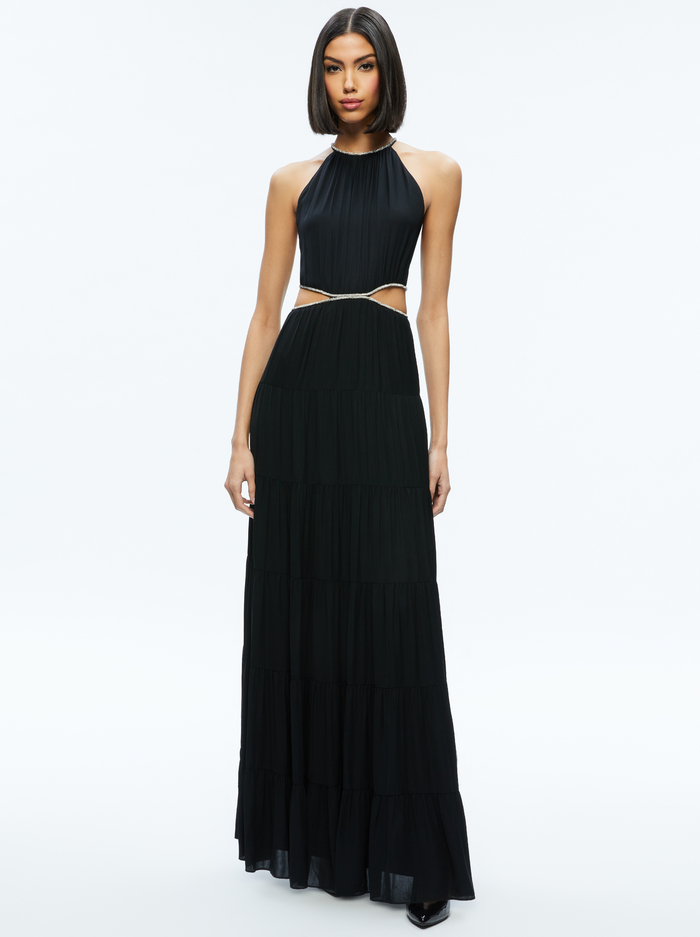 Forever New one shoulder cut-out sequin maxi dress in black