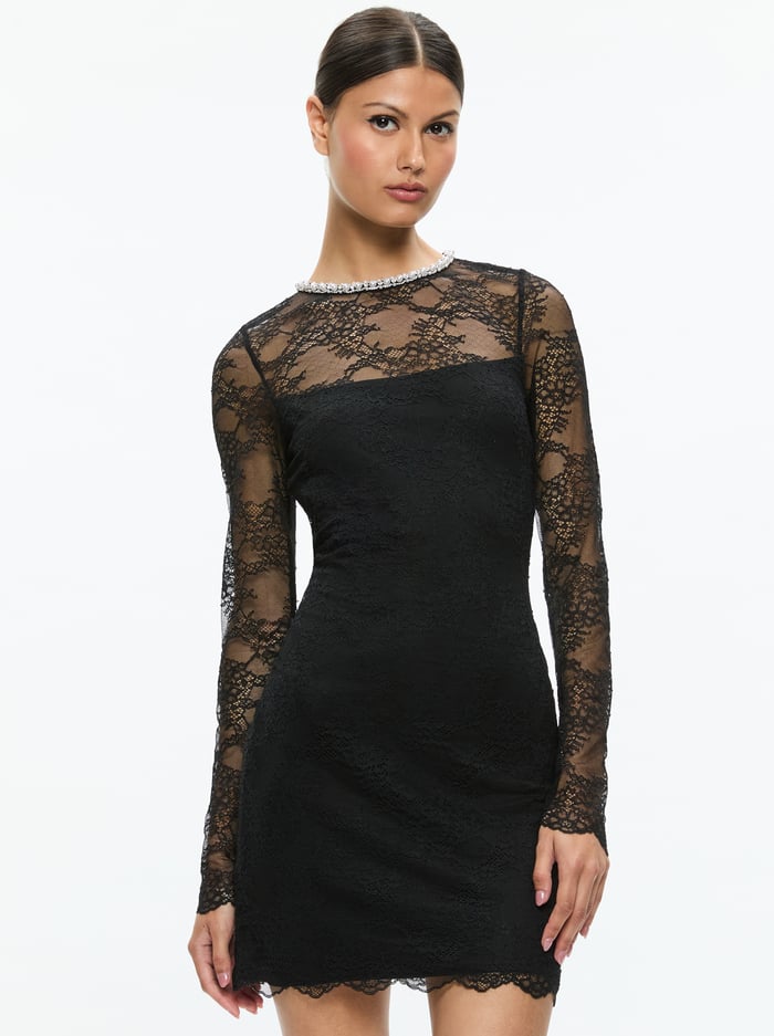 DELORA EMBELLISHED NECK LONG SLEEVE LACE MINI DRESS - BLACK image 3 - Alice And Olivia