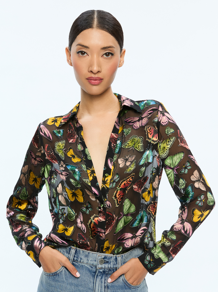 ELOISE BUTTON DOWN - BOUNDLESS BUTTERFLY BLACK - Alice And Olivia