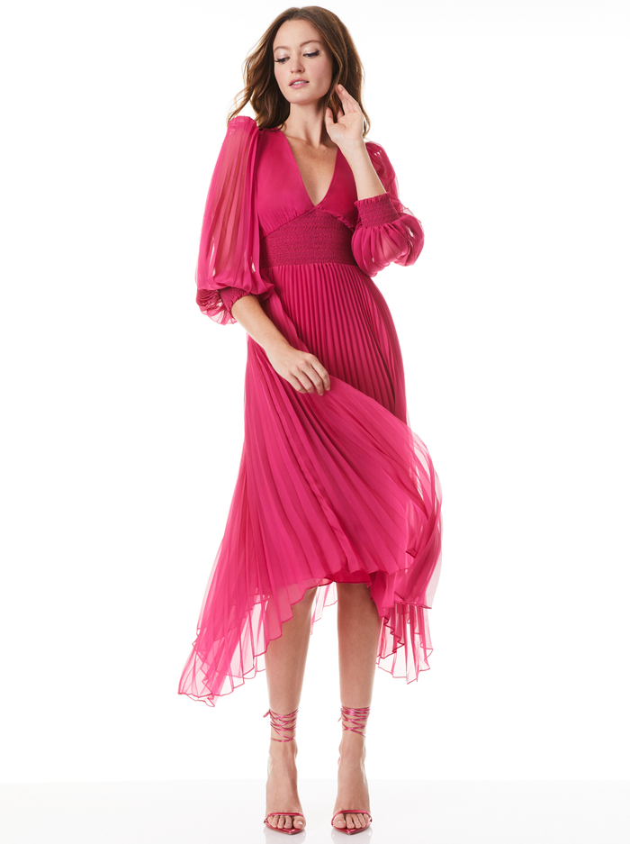 SION SUNBURST PLEATED SMOCKED WAIST MIDI DRESS - RASPBERRY image 2 - Alice And Olivia
