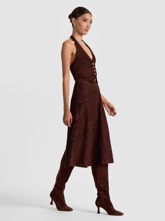 DARK CHOCOLATE-SOSIE SUEDE MIDI SKIRT