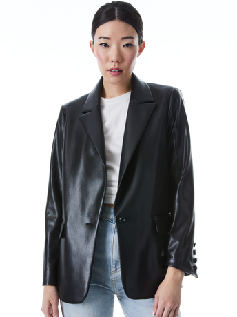 BLACK-DENNY VEGAN LEATHER NOTCH COLLAR BLAZER